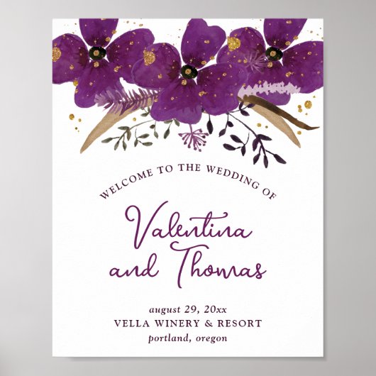 Charming Violet Waterverf Flowers Wedding Poster (Voorkant)