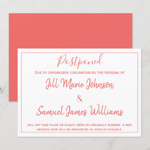 Charming Wedding Coral and White Postponed Kaart
