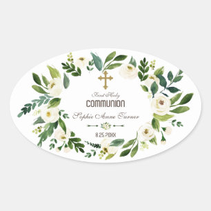Charming White Floral Wreath Heilige Communie Ovale Sticker