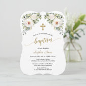 Charming White Flowers Gold Baptism Calligrafie Kaart (Staand voorkant)