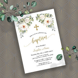 Charming White Flowers Gold Baptism Calligrafie Kaart