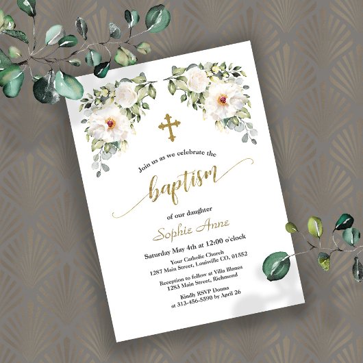 Charming White Flowers Gold Baptism Calligrafie Kaart
