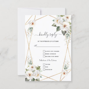 Charming White Flowers Roos Gold Wedding RSVP Kaartje