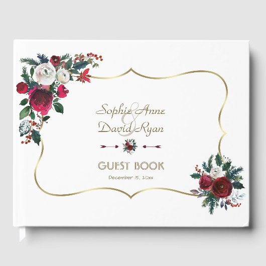 Charming Winter Burgundy Floral Pine Gold Wedding Gastenboek (Voorkant)