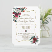 Charming Winter Burgundy Floral Pine Gold Wedding Kaart (Staand voorkant)