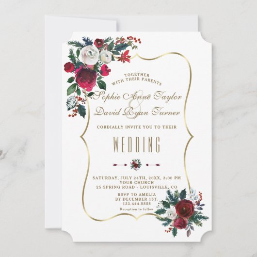 Charming Winter Burgundy Floral Pine Gold Wedding Kaart (Voorkant)