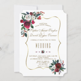 Charming Winter Burgundy Floral Pine Gold Wedding Kaart