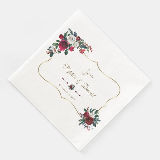 Charming Winter Burgundy Floral Pine Gold Wedding Servet (Hoek)