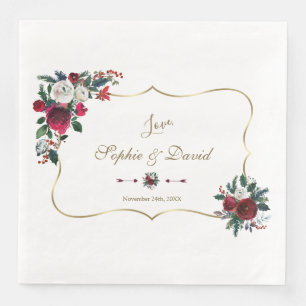 Charming Winter Burgundy Floral Pine Gold Wedding Servet