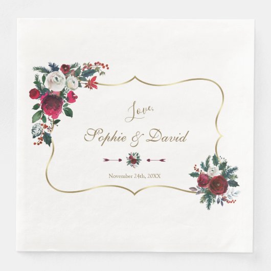 Charming Winter Burgundy Floral Pine Gold Wedding Servet (Voorkant)