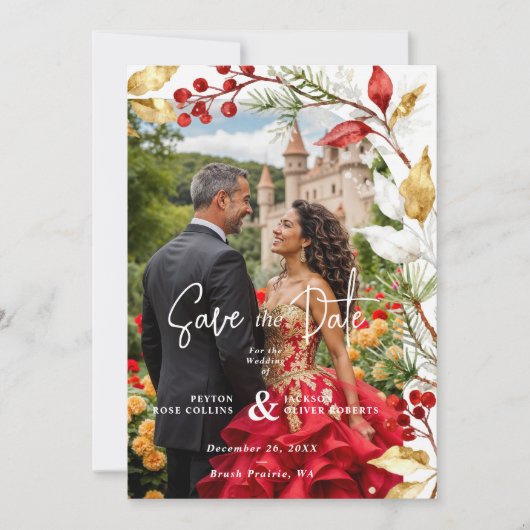 Charming Winter Christmas Botanical Frame Wedding Save The Date (Voorkant)