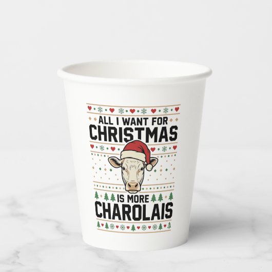 Charolais Kerst Koe Ugly Sweater Vector Design Papieren Bekers (Voorkant)