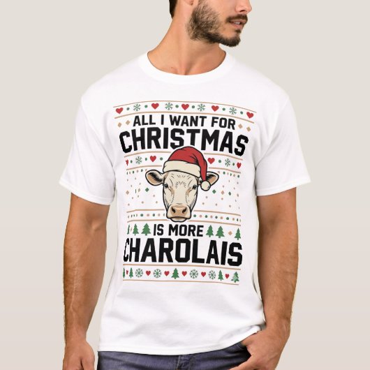 Charolais Kerst Koe Ugly Sweater Vector Design T-shirt (Voorkant)