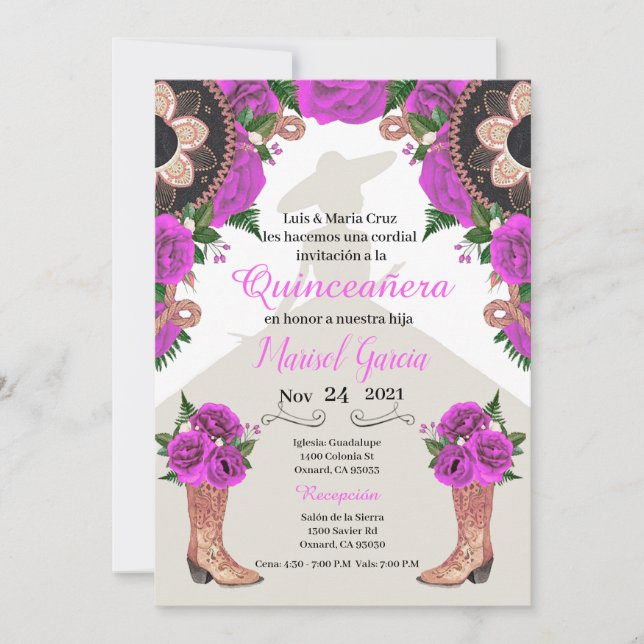 Charra Quinceanera Invitation, fuchsia Mariachi (Voorkant)