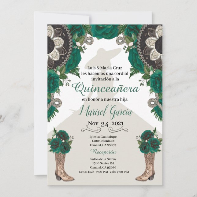 Charra Quinceanera Invitation Green Gold Mariachi (Voorkant)