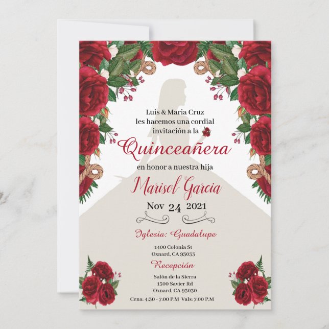 Charra Quinceanera Invitation, Red Roses Western (Voorkant)