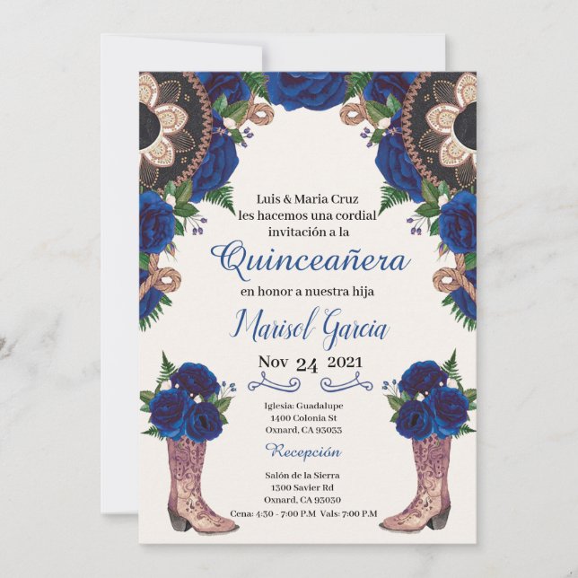 Charra Quinceanera Invitation, Royal Blue Mariachi (Voorkant)