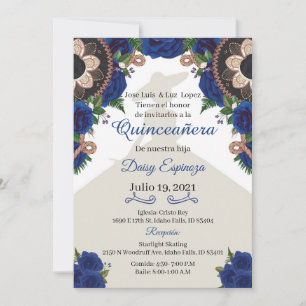 Charra Quinceanera Invitation, Royal blue Mariachi Kaart