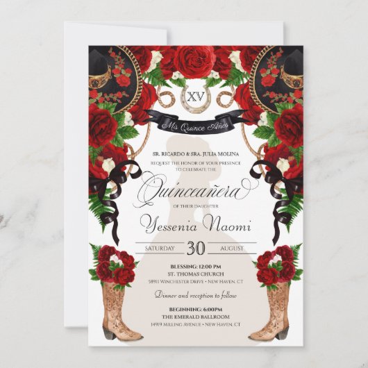 Charra Quinceanos Western Red Roses Black Mariachi Kaart (Voorkant)