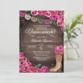 Charra Rustic Cowgirl Pink Rose Quinceañera Kaart (Staand voorkant)