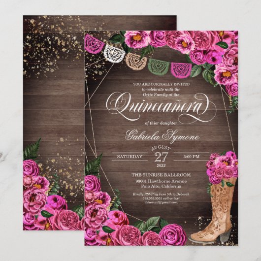 Charra Rustic Cowgirl Pink Rose Quinceañera Kaart (Voorkant / Achterkant)