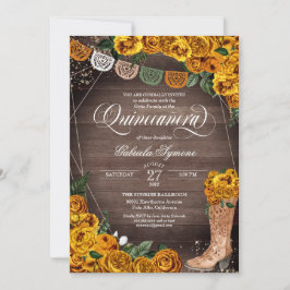 Charra Rustic Cowgirl Yellow Rose Quinceañera Kaart