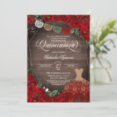 Charra Rustic Red Roses Glitter Dress Quinceañera Kaart (Staand voorkant)