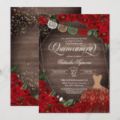 Charra Rustic Red Roses Glitter Dress Quinceañera Kaart (Voorkant / Achterkant)