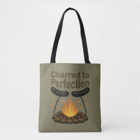 Charred to Perfection Grappige kampvuur hotdog Tote Bag (Voorkant)