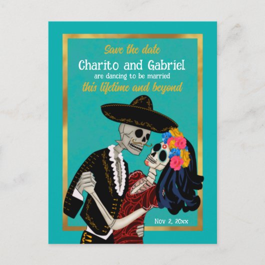 Charro Catrina Sugar Skulls Blauwgroen Save the Da Briefkaart (Voorkant)