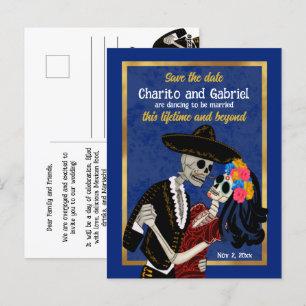Charro Catrina Sugar Skulls Blue Save the Date Briefkaart