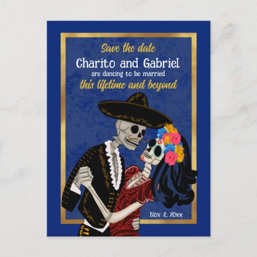 Charro Catrina Sugar Skulls Blue Save the Date Briefkaart (Voorkant)