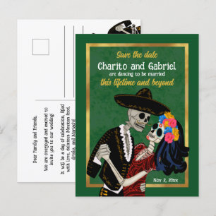 Charro Catrina Sugar Skulls Green Save the Date Briefkaart