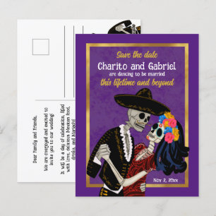 Charro Catrina Sugar Skulls Paarse Save the Date Briefkaart