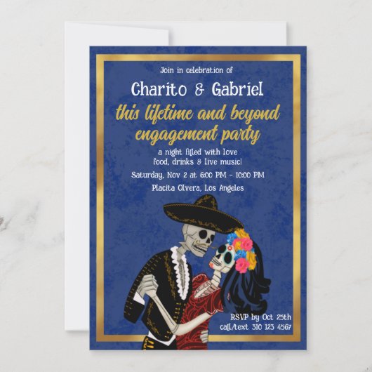 Charro Catrina Suikerschedels Dans Blauw Verloving Kaart (Voorkant)