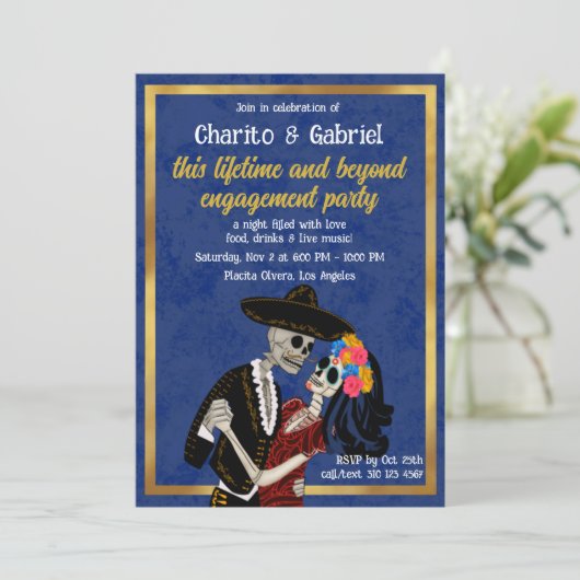 Charro Catrina Suikerschedels Dans Blauw Verloving Kaart (Staand voorkant)