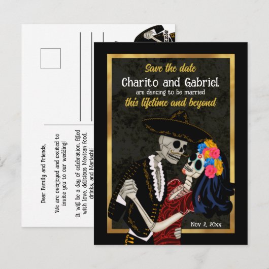 Charro Catrina Suikerschedels Zwart Save the Date Briefkaart (Voorkant / Achterkant)