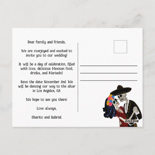 Charro Catrina Suikerschedels Zwart Save the Date Briefkaart (Achterkant)