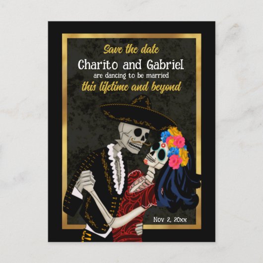 Charro Catrina Suikerschedels Zwart Save the Date Briefkaart (Voorkant)