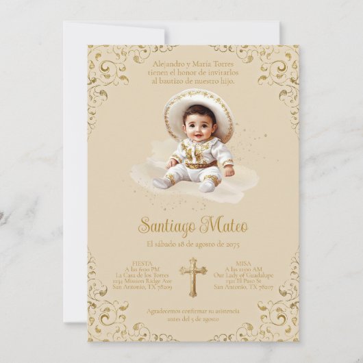 Charro doop uitnodiging – Jongen – Tan & Goud (Voorkant)
