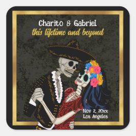 Charro en Catrina Sugar Skulls Zwart Vierkante Sticker