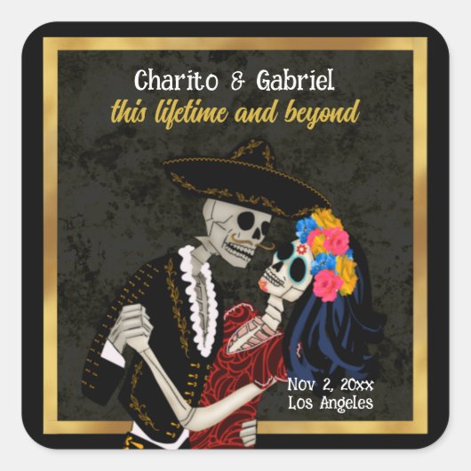 Charro en Catrina Sugar Skulls Zwart Vierkante Sticker (Voorkant)