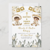 Charro Gold Witte Tweeling Doop en Eerste Verjaard Kaart (Voorkant)