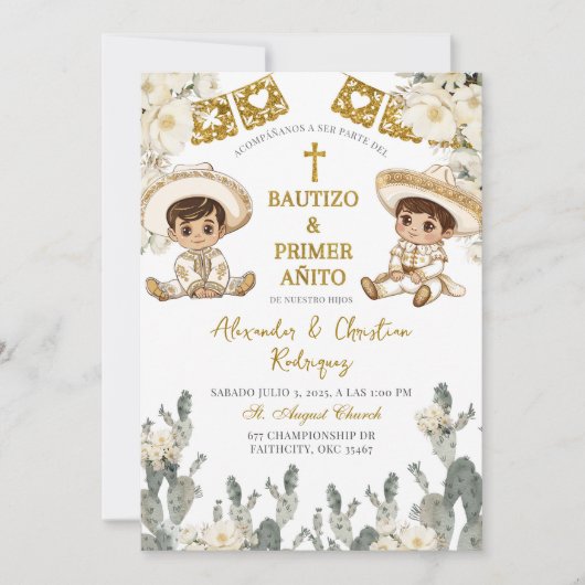 Charro Gold Witte Tweeling Doop en Eerste Verjaard Kaart (Voorkant)