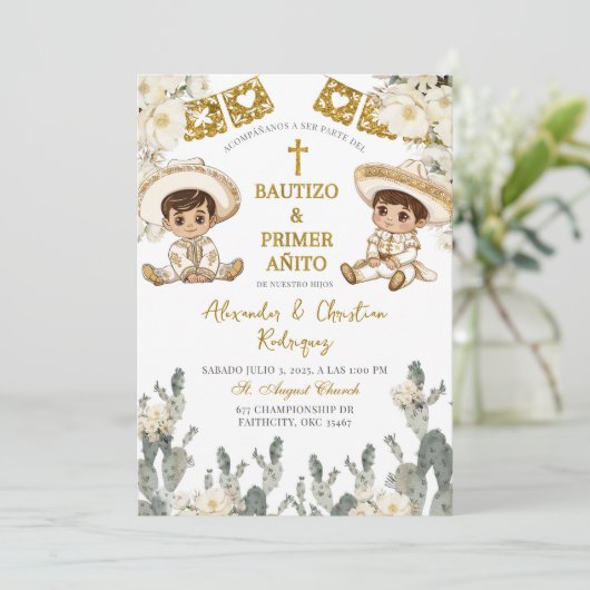 Charro Gold Witte Tweeling Doop en Eerste Verjaard Kaart (Staand voorkant)