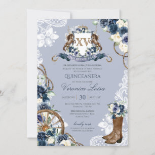 Charro Horse Crest Royal Navy Blue Quinceanera Kaart