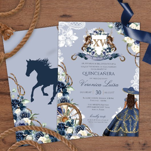 Charro Horse Crest Royal Navy Blue Quinceanera Kaart