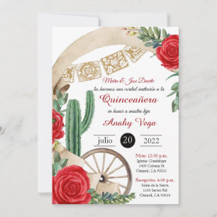 Charro Huapango Quinceanera Invitation, Red Roses Kaart