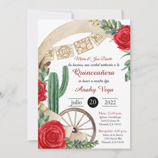 Charro Huapango Quinceanera Invitation, Red Roses Kaart (Voorkant)