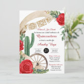 Charro Huapango Quinceanera Invitation, Red Roses Kaart (Staand voorkant)